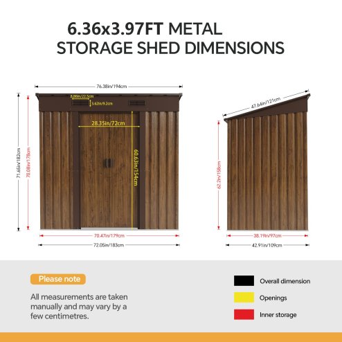 Living and Home 6.36 x 3.97FT Pent Roof Metal Garden Storage Shed with Lockable Sliding Doors, Brown Wood Grain