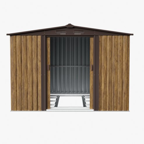 Living and Home 8.46 x 6.79FT Apex Roof Metal Garden Storage Shed with Lockable Sliding Doors, Brown Wood Grain