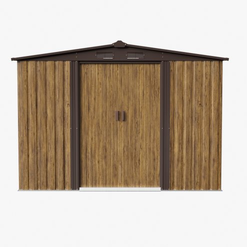 Living and Home 8.46 x 6.79FT Apex Roof Metal Garden Storage Shed with Lockable Sliding Doors, Brown Wood Grain