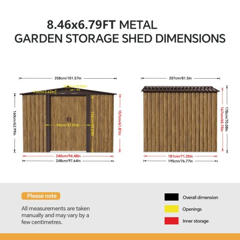 Living and Home 8.46 x 6.79FT Apex Roof Metal Garden Storage Shed with Lockable Sliding Doors, Brown Wood Grain