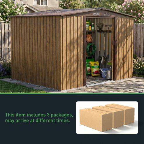 Living and Home 8.46 x 6.79FT Apex Roof Metal Garden Storage Shed with Lockable Sliding Doors, Brown Wood Grain