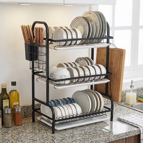Living and Home 3-Tier Dish Drainer Draining Rack with Drying Trays