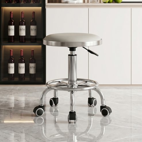Living and Home Height-Adjustable PU Leather Round Salon Rolling Stool