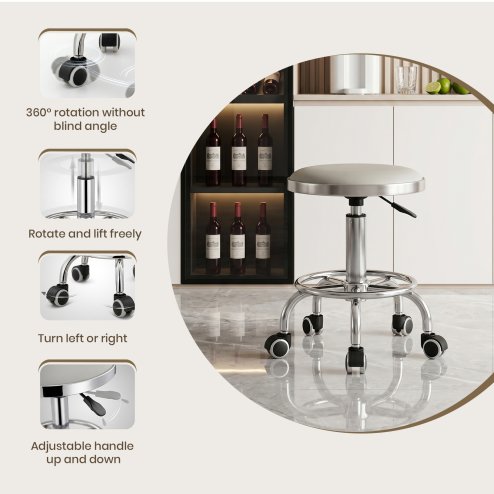 Living and Home Height-Adjustable PU Leather Round Salon Rolling Stool