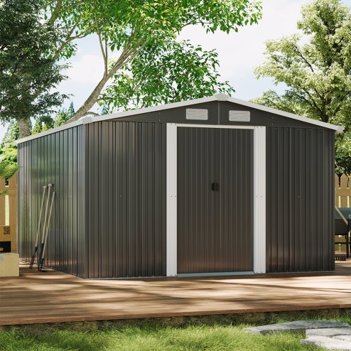  10.6 x 12.7 FT Metal Apex Roof Garden Shed Outdoor Storage House Double Door with Foundation Base, Charcoal Black