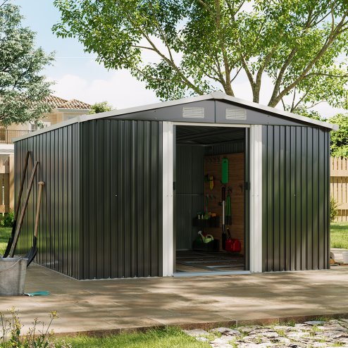  10.6 x 12.7 FT Metal Apex Roof Garden Shed Outdoor Storage House Double Door with Foundation Base, Charcoal Black