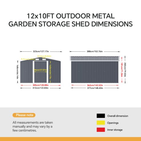  10.6 x 12.7 FT Metal Apex Roof Garden Shed Outdoor Storage House Double Door with Foundation Base, Charcoal Black