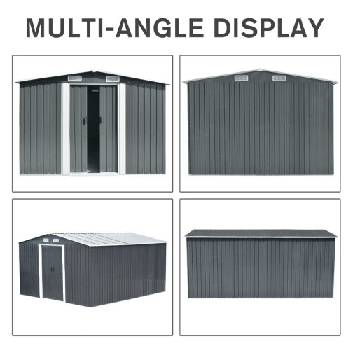  10.6 x 12.7 FT Metal Apex Roof Garden Shed Outdoor Storage House Double Door with Foundation Base, Charcoal Black