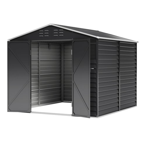 8.09 x 8.53 ft Apex Metal Garden Storage Shed - Charcoal Black, Double Doors, 2 Windows, Built-in Shelving, Ventilation, Padlock Compatible