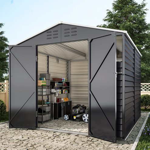 8.09 x 8.53 ft Apex Metal Garden Storage Shed - Charcoal Black, Double Doors, 2 Windows, Built-in Shelving, Ventilation, Padlock Compatible