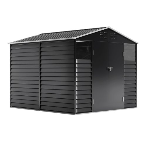 8.09 x 8.53 ft Apex Metal Garden Storage Shed - Charcoal Black, Double Doors, 2 Windows, Built-in Shelving, Ventilation, Padlock Compatible