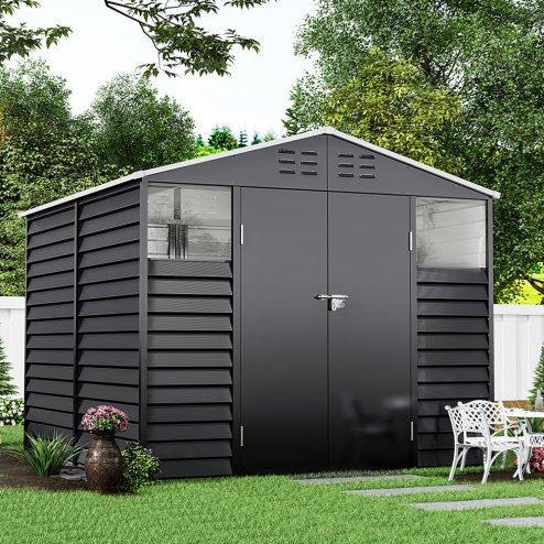 8.09 x 8.53 ft Apex Metal Garden Storage Shed - Charcoal Black, Double Doors, 2 Windows, Built-in Shelving, Ventilation, Padlock Compatible