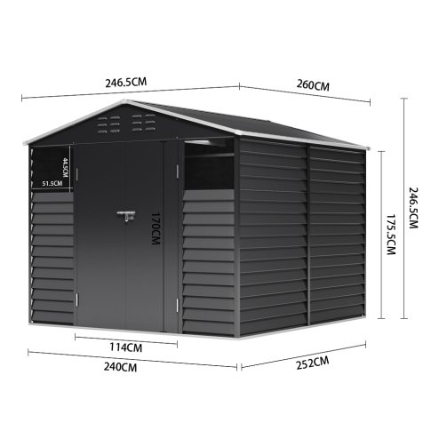 8.09 x 8.53 ft Apex Metal Garden Storage Shed - Charcoal Black, Double Doors, 2 Windows, Built-in Shelving, Ventilation, Padlock Compatible