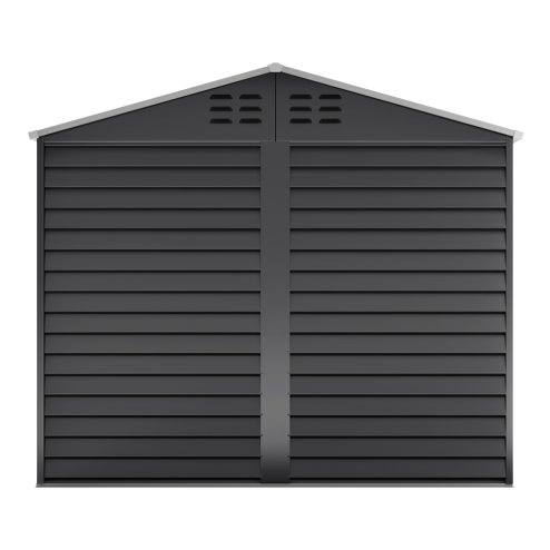 8.09 x 8.53 ft Apex Metal Garden Storage Shed - Charcoal Black, Double Doors, 2 Windows, Built-in Shelving, Ventilation, Padlock Compatible