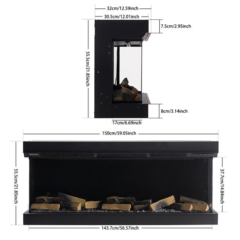 60inch 3-Sided Built-in Smart Electric Fireplace with Crackling Sound