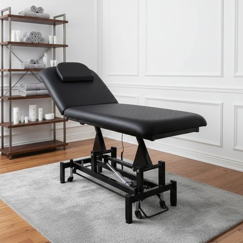Living and Home Electric Height Adjustable Massage Table, Reclining Facial Spa Bed with Backrest Adjustment, Mobile Beauty Tattoo Bed with Wheels, 180cm Black PU Salon Treatment Bed