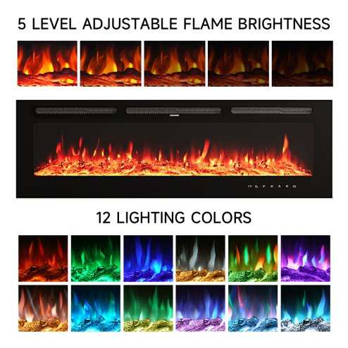 80 Inch Recessed & Wall Mounted Electric Fireplace with Remote, 12 Flame Colours