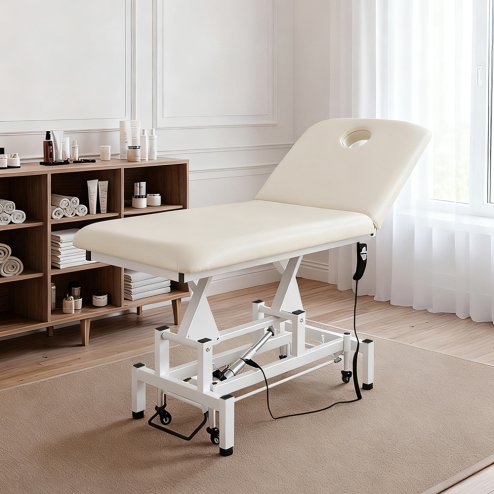 Living and Home Electric Height Adjustable Massage Table, Reclining Beige Facial Spa Bed with Manual Backrest, Mobile Beauty Tattoo Bed with Wheels, 180cm Salon Treatment Bed