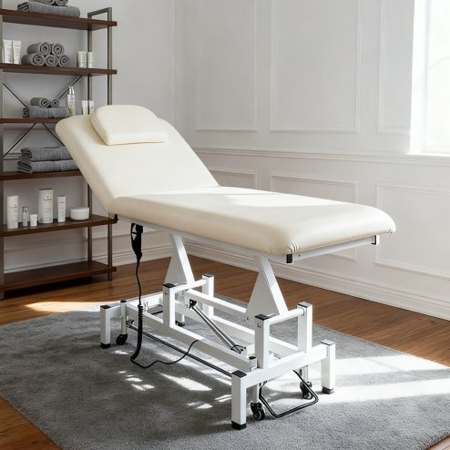 Living and Home Electric Height Adjustable Massage Table, Reclining Beige Facial Spa Bed with Manual Backrest, Mobile Beauty Tattoo Bed with Wheels, 180cm Salon Treatment Bed