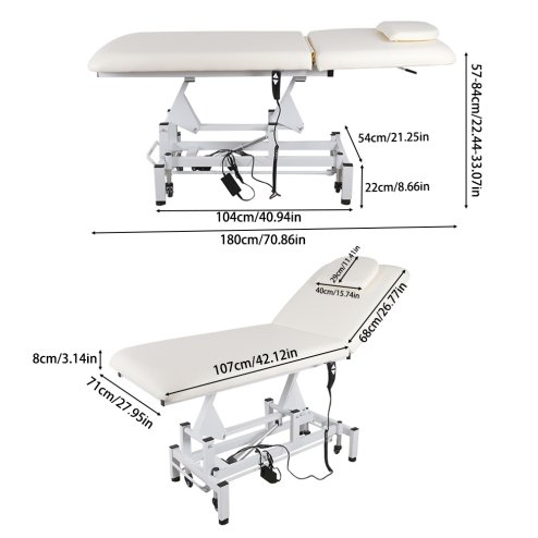 Living and Home Electric Height Adjustable Massage Table, Reclining Beige Facial Spa Bed with Manual Backrest, Mobile Beauty Tattoo Bed with Wheels, 180cm Salon Treatment Bed