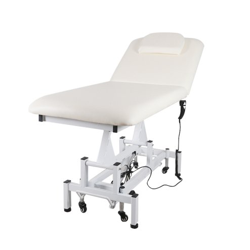 Living and Home Electric Height Adjustable Massage Table, Reclining Beige Facial Spa Bed with Manual Backrest, Mobile Beauty Tattoo Bed with Wheels, 180cm Salon Treatment Bed
