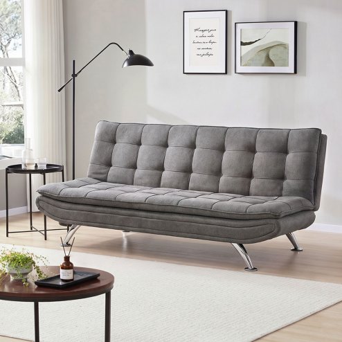 Living and Home Dark Grey Linen Convertible Sofa Bed, 3 Position Adjustable Futon Sofa with Metal Legs for Guest Room