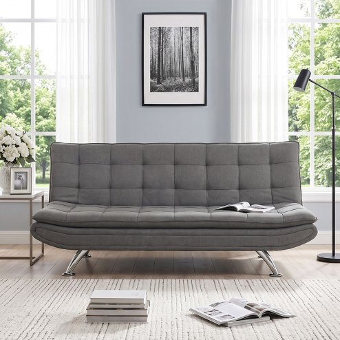 Living and Home Dark Grey Linen Convertible Sofa Bed, 3 Position Adjustable Futon Sofa with Metal Legs for Guest Room