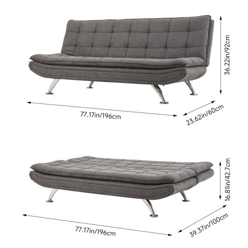 Living and Home Dark Grey Linen Convertible Sofa Bed, 3 Position Adjustable Futon Sofa with Metal Legs for Guest Room