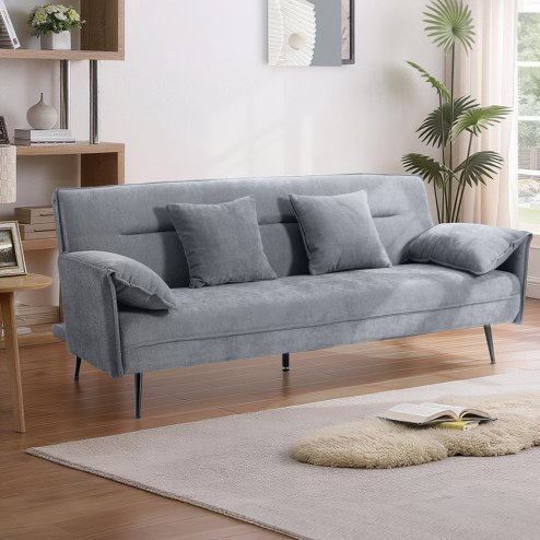 Living and Home Grey Fabric 3-Seater Convertible Sofa Bed, Modern Sleeper Sofa with Metal Legs and 2 Throw Pillows