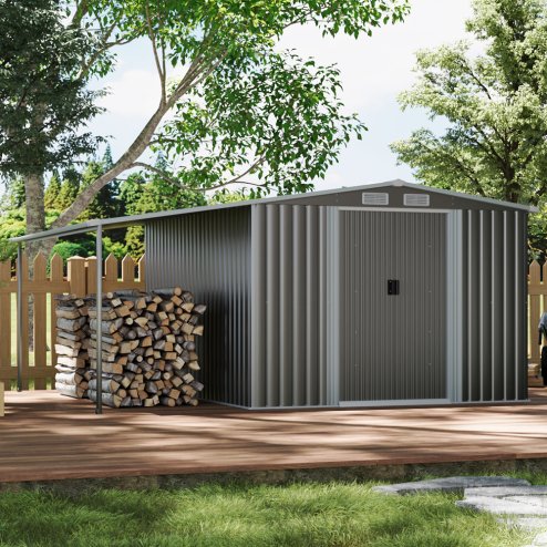 10.27x8.4ft Outdoor Metal Storage Shed with Lean-to, Apex Roof, Double Door