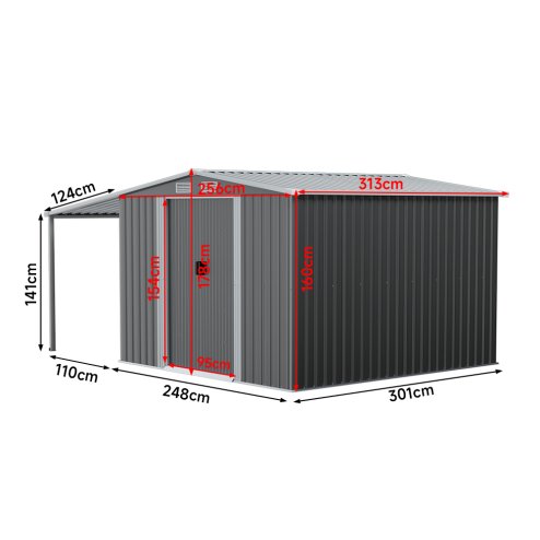 10.27x8.4ft Outdoor Metal Storage Shed with Lean-to, Apex Roof, Double Door