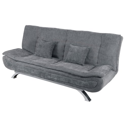 Living and Home Grey Linen Convertible Sofa Bed, Curved Shell Shaped Sleeper Sofa with Metal Legs and 2 Throw Pillows