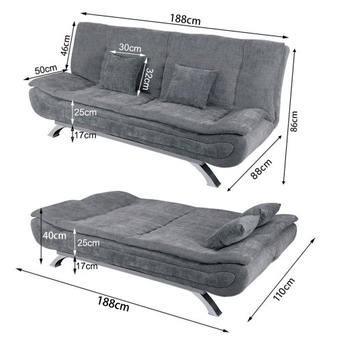 Living and Home Grey Linen Convertible Sofa Bed, Curved Shell Shaped Sleeper Sofa with Metal Legs and 2 Throw Pillows