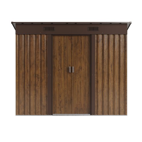 Living and Home 7.81 x 4.3FT Pent Roof Metal Garden Storage Shed, 3D Wood Grain Finish with Foundation, Vents & Sliding Doors