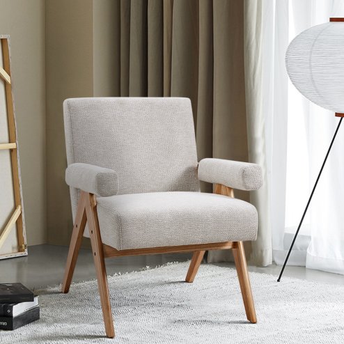 Linen Upholsteried Armchair with Wooden Legs Image