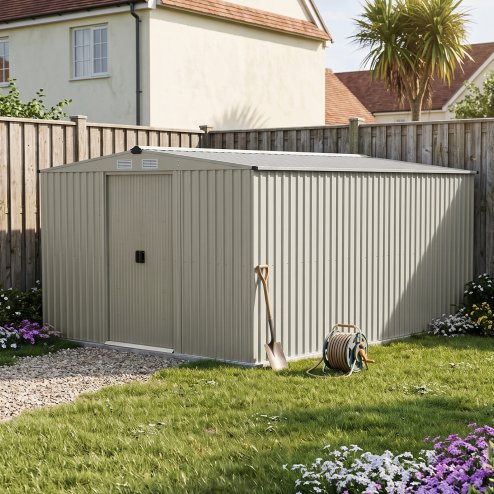 Living and Home 10.6 x12.73FT Grey Aluminium Color Apex Roof Metal Garden Shed, Lockable Sliding Doors, Vents & Foundation
