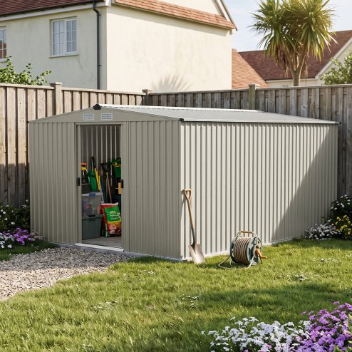 Living and Home 10.6 x12.73FT Grey Aluminium Color Apex Roof Metal Garden Shed, Lockable Sliding Doors, Vents & Foundation