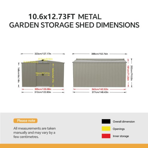 Living and Home 10.6 x12.73FT Grey Aluminium Color Apex Roof Metal Garden Shed, Lockable Sliding Doors, Vents & Foundation