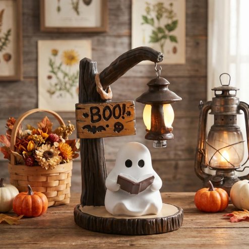 Living and Home Halloween Ghost Reading Book Lamp Figurine