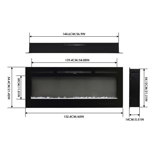 60 Inch Recessed & Wall Mounted Electric Fireplace with Remote