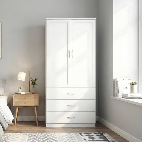 Living and Home 2-Door Wardrobe with 3 Drawers & Hanging Rail
