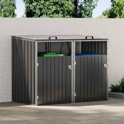 Metal Outdoor Bin Shed for 2 Trash Bins, Charcoal Black