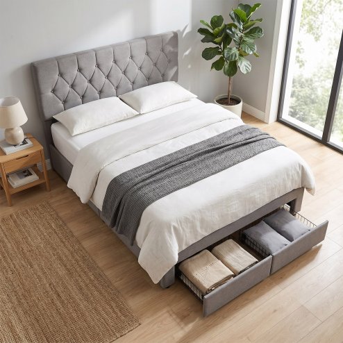 Living and Home Double Upholstered Bed Frame with 2 Drawers