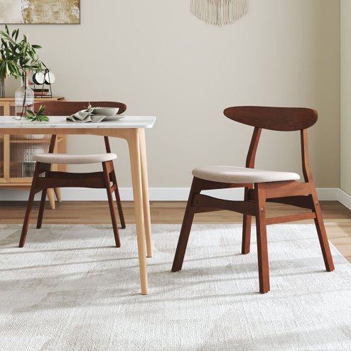 Living and Home 2-Piece Solid Wood Dining Chairs, Beige Upholstered Padded Seat, Curved Backrest Kitchen Side Chairs for Dining Room