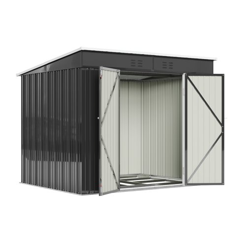 6x8ft Metal Storage Shed Black Galvanized Steel Tool House With Foundation, Double Lockable Doors, Ventilation