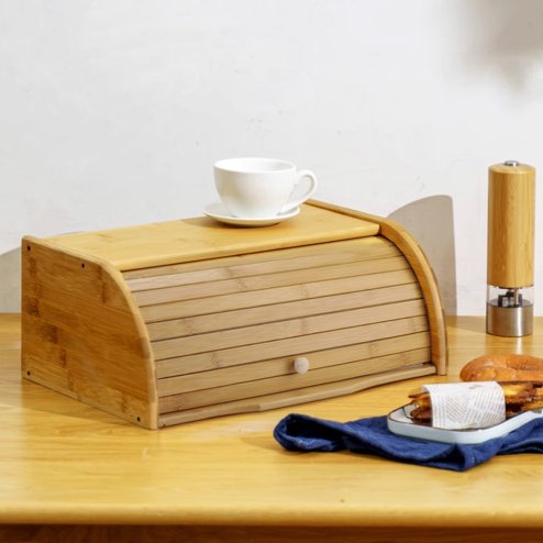Bamboo Roll Top Bread Bin Food Storage Box, Bread Box