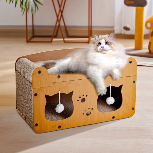Cat Scratcher House with Hanging Plush Balls for Indoor