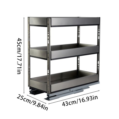 3-Tier Stainless Steel Pull-Out Cabinet Organizer, 25 cm W x 43 cm D x 45 cm H - Quiet Glide, Corrosion-Resistant Pantry Shelf