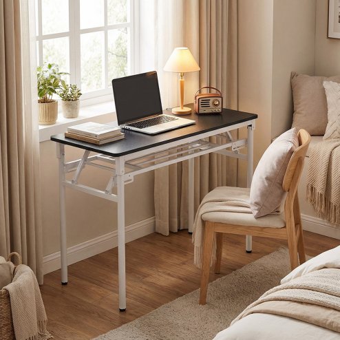 Living and Home 2-Tier Folding Office Desk Foldable Writing Table-Black, 80x40cm