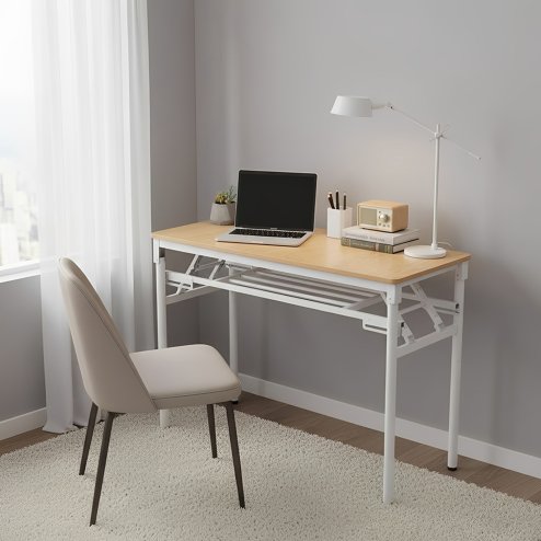 Living and Home 2-Tier Folding Office Desk Foldable Writing Table-Wood Color, 80x40cm